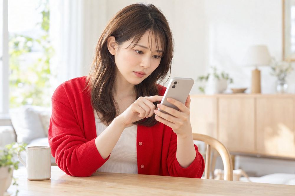女性がスマホの画面を見ながら、ギフトを贈る前に金額をよく確かめている