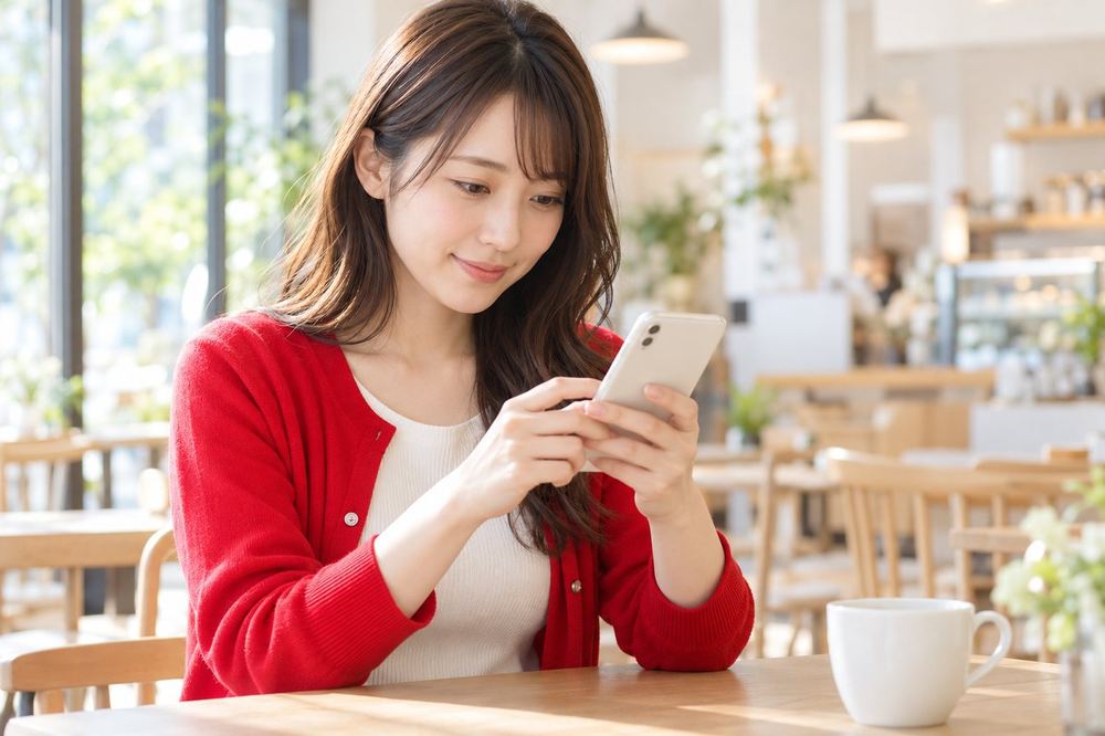 女性がカフェで、スマホのメッセージ画面を見ながら報酬について質問を書いている