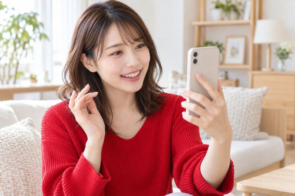 女性が自宅のリビングでスマホを顔の高さに構え、視聴者のコメントに笑顔で答えながら配信している