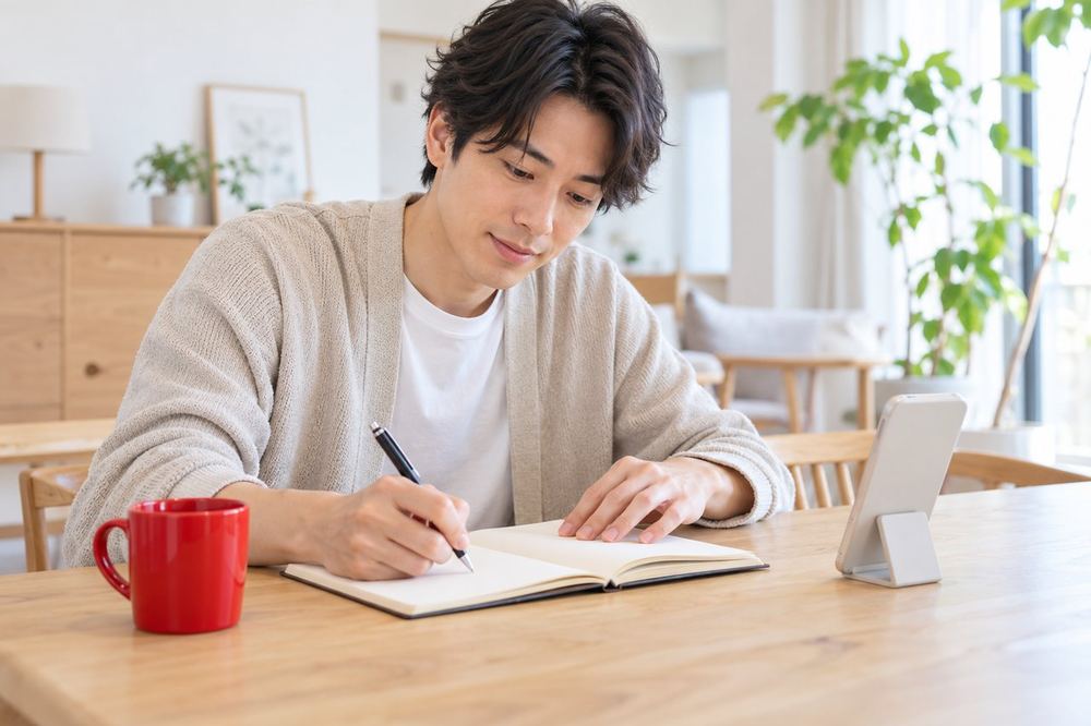 男性がダイニングテーブルでノートを広げ、配信後に受け取ったギフトの流れを順番にメモしている
