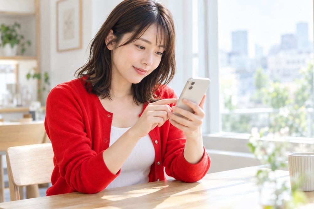 女性が窓際の明るい席で、スマホの画面を自分の方に向けて、配信に使うアカウントの状態を確かめている