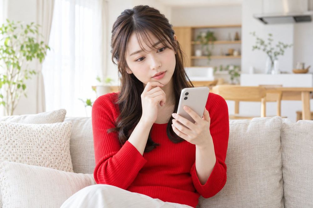 20代の女性がソファに座り、スマホに届いた通知を見て、何の招待なのかを首をかしげながら確かめている