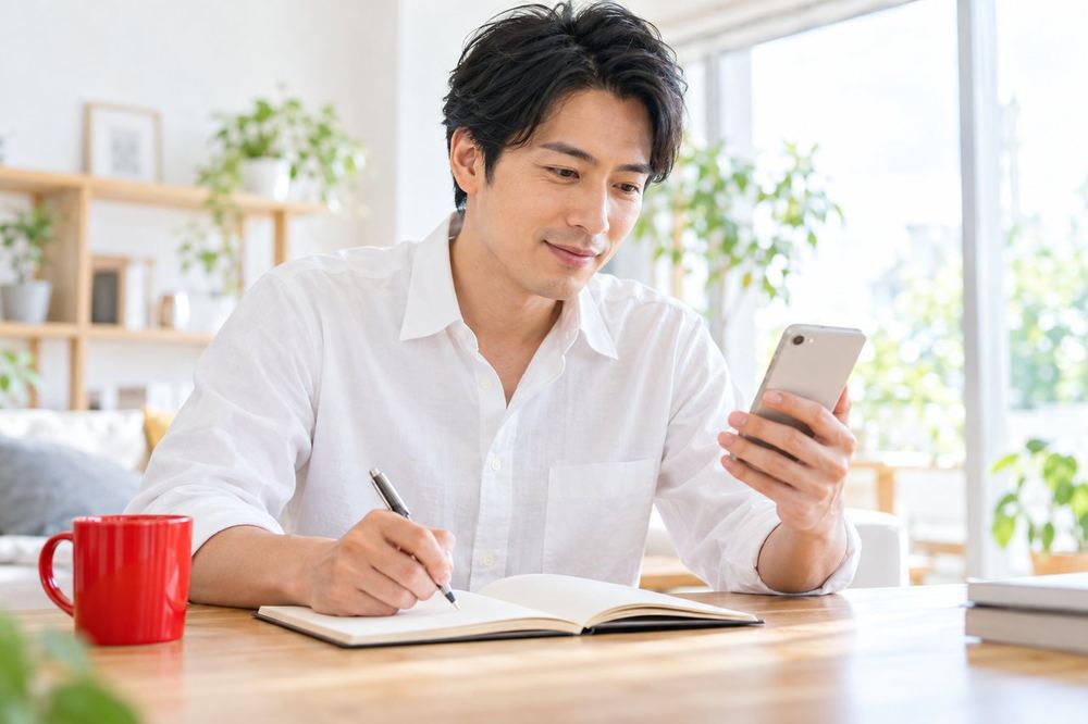 30代の男性が机の上でスマホの画面を見ながら、招待の内容をノートに書き写して整理している