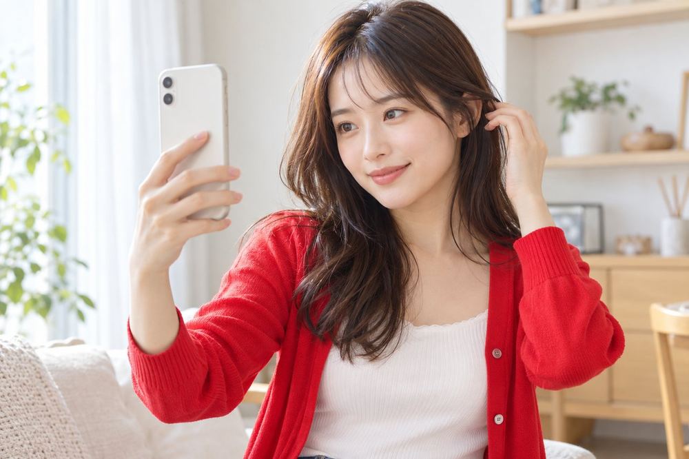 20代の女性が部屋でスマホを持ち、LIVEへの参加招待の通知を見て、カメラに映る自分の様子を確かめている