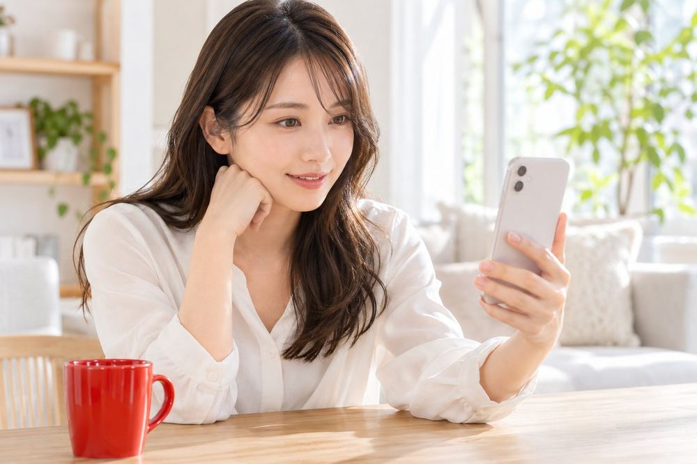 20代の女性がデスクでスマホを持ち、落ち着いた表情でオンラインの面談に参加している