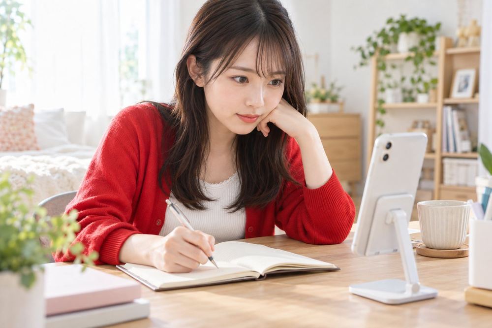 20代の女性が自室の机でスマホのバトル配信を見ながら、気になった言葉をノートに書き出している