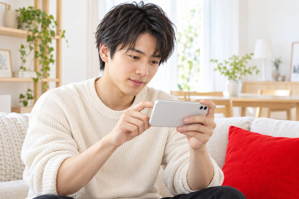 20代の男性が部屋でスマホを横向きに持ち、二人の配信者が並ぶ対戦画面の得点表示を指でなぞって確かめている