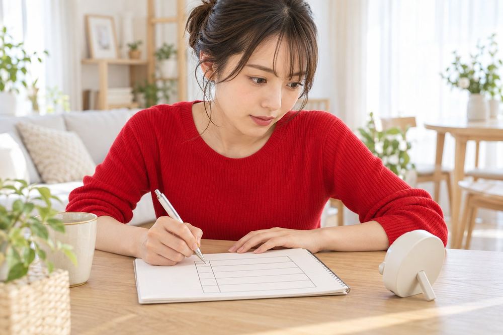 20代の女性が机でタイマーを見ながら、バトルの5分間を時間ごとに区切った表をノートに書いている