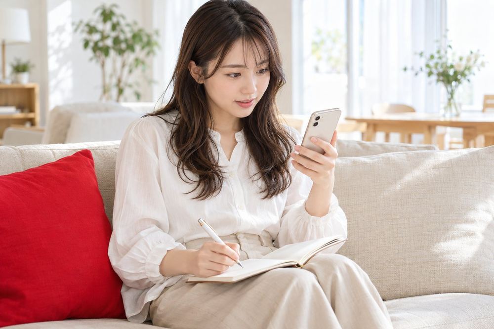 20代の女性がソファに座り、スマホで他の配信者のバトルを見ながら、画面に出た表示の時刻を手帳に記録している