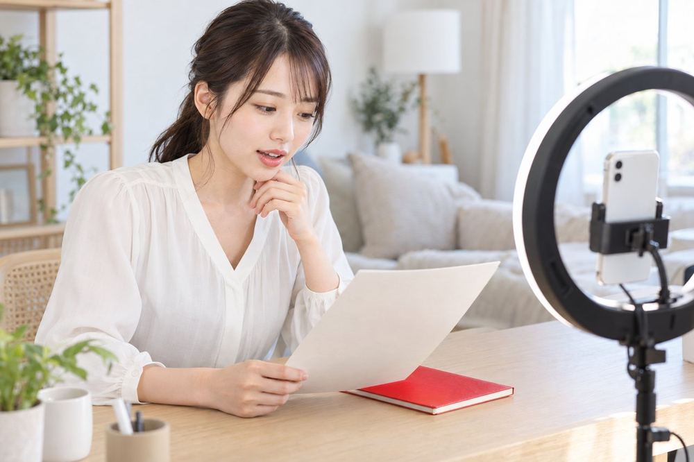 20代の女性がリングライトの前でスマホを立てかけ、対戦相手との打ち合わせメモを見ながら声の出し方を確認している