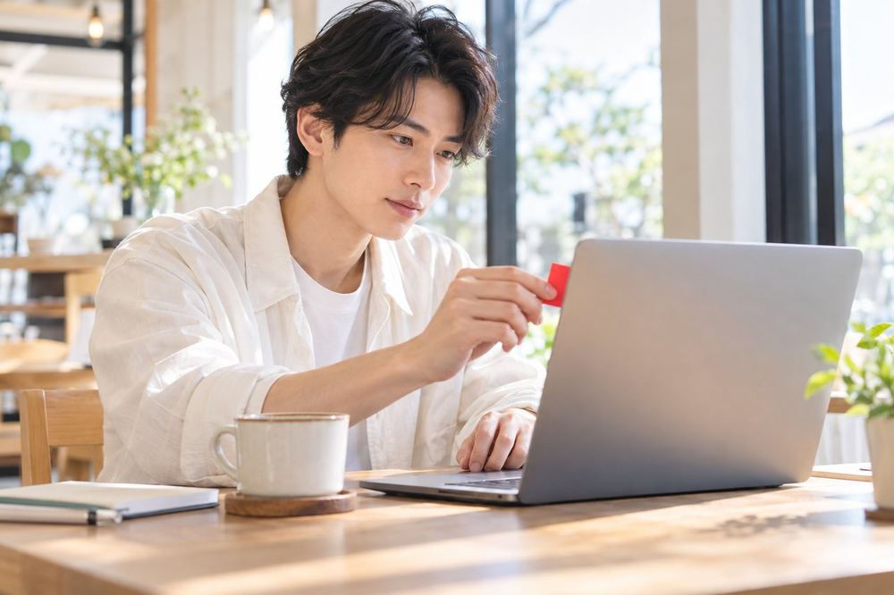 20代の男性がカフェの席でノートパソコンの検索結果を読み、書かれている数字に付箋で印をつけている