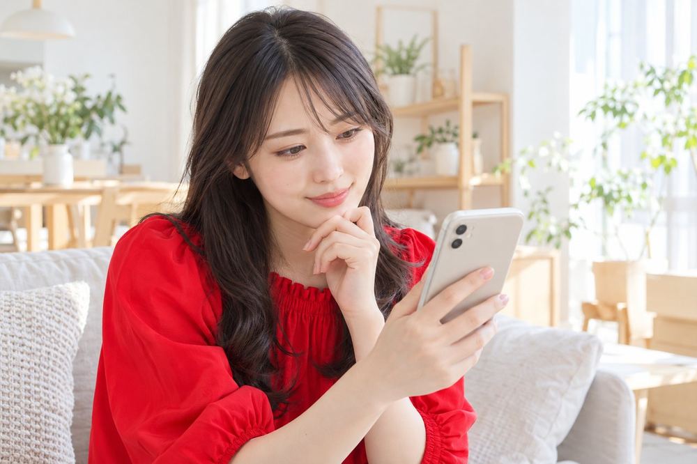20代の女性が明るい部屋で、スマホのメッセージ画面を見ながらバトルについて質問を考えている