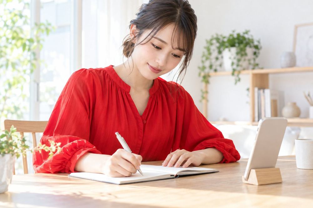 机の上でノートとスマホを並べて、サブスクの特典の案を書き出している20代の女性