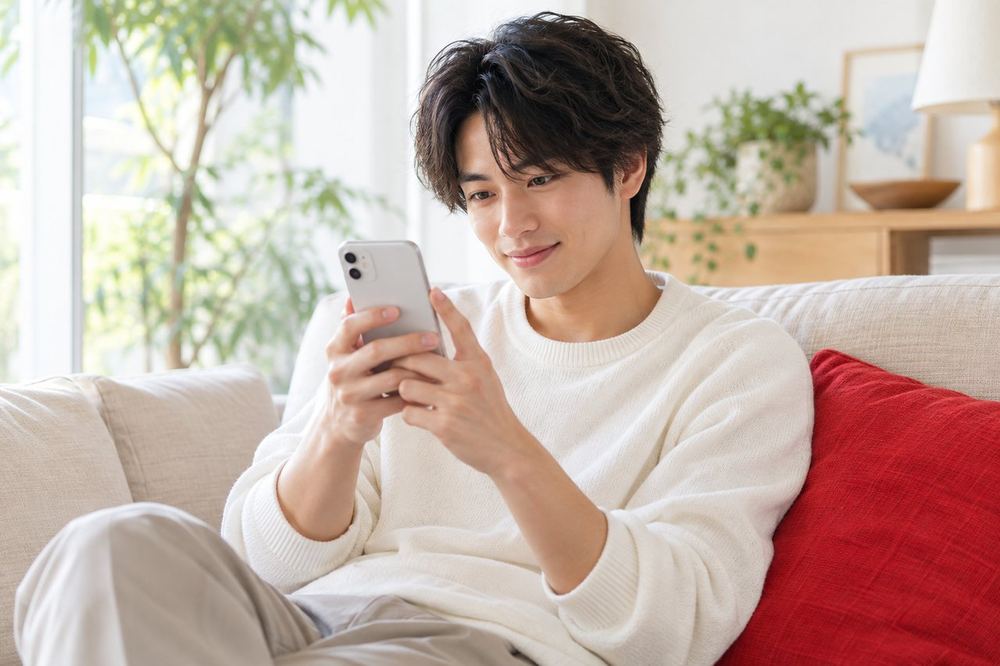 ソファに座ってスマホのLIVE画面を見て、画面に出た名前横のバッジに目をとめている20代の男性