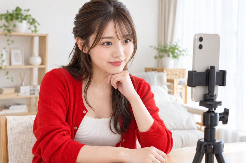 三脚に立てたスマホの前で、配信の準備画面を見ながらうなずいている20代の女性