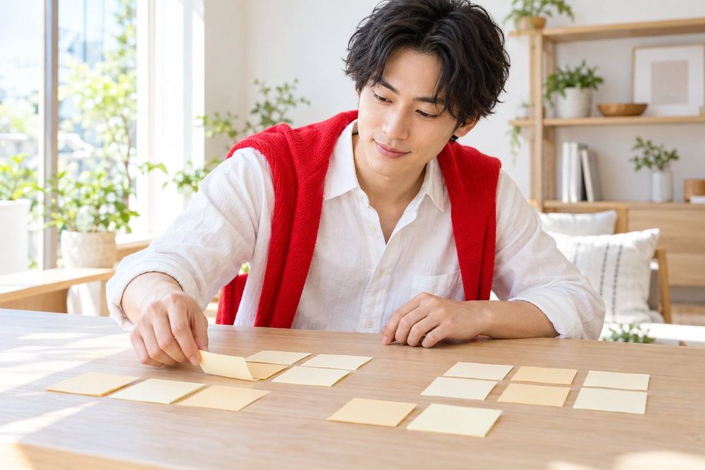 机の上に付箋を並べて、続けられそうな特典の案を選んでいる20代の男性