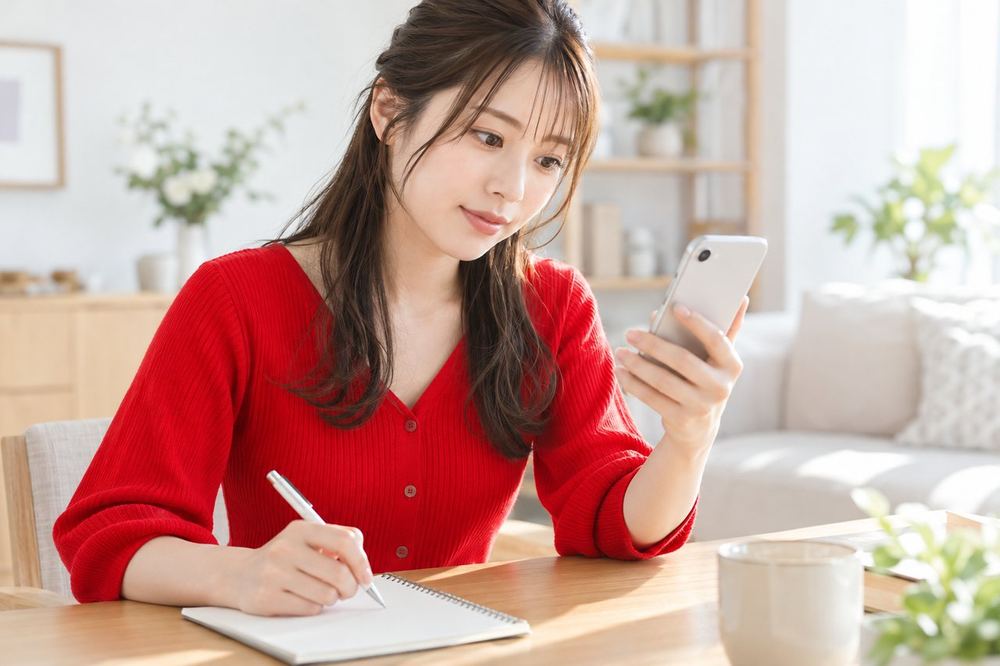 明るい部屋でスマホの画面を見ながら、限定LIVEに切り替えるタイミングをメモに書いて確かめている20代の女性