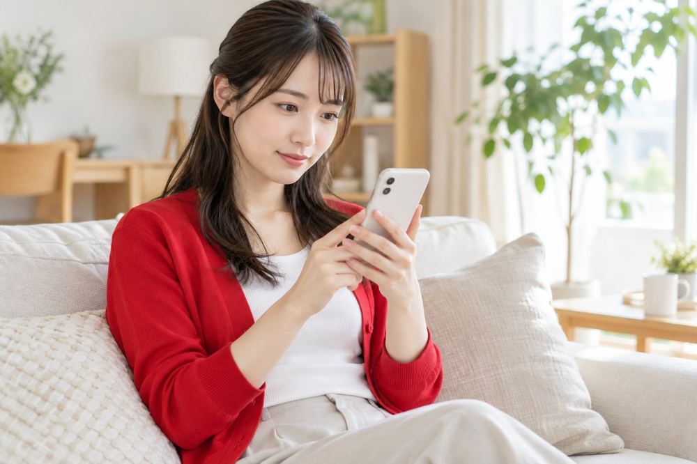 明るいリビングで、スマホの購入確認の画面をゆっくり読んでいる20代の女性