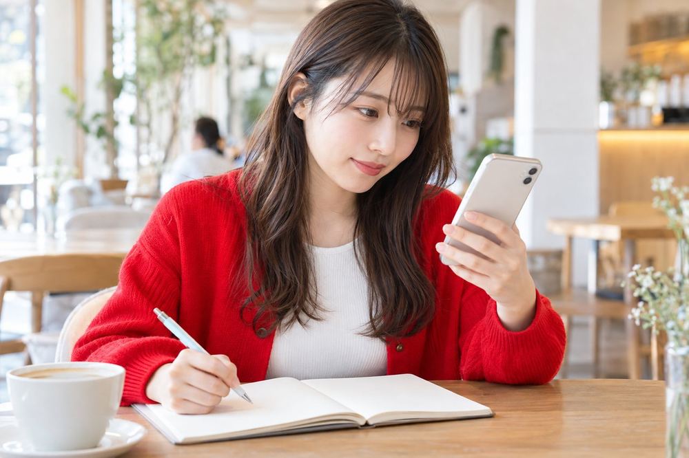 カフェの席でスマホを見ながら、TikTokの機能の違いをノートに書き出している20代の女性