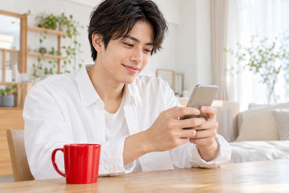 部屋の机でスマホのLIVE画面を見ながら、コメントを打っている20代の男性