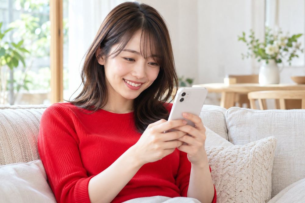 明るいリビングで、スマホの画面に出たバッジを見て微笑む20代の女性