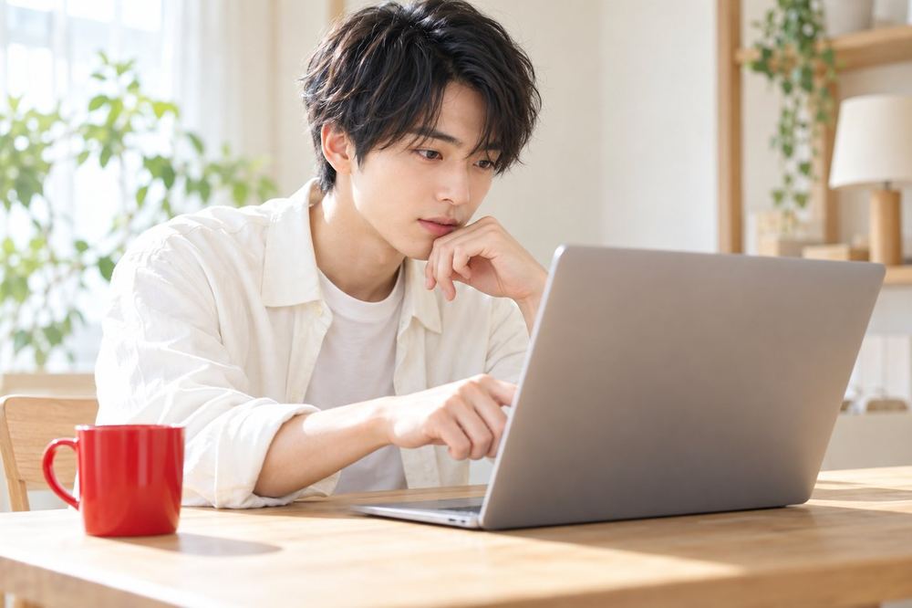 机の上でノートパソコンを開き、公式ページの文章を指でなぞりながら確かめている20代の男性