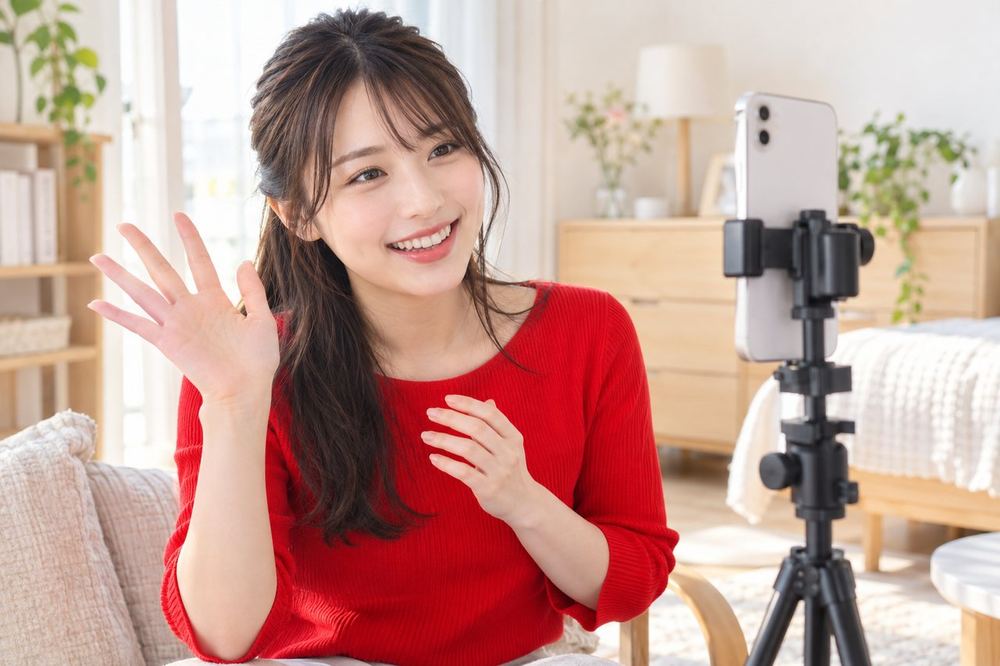 スマホを三脚に立てて配信しながら、視聴者のコメントに笑顔で返事をしている20代の女性