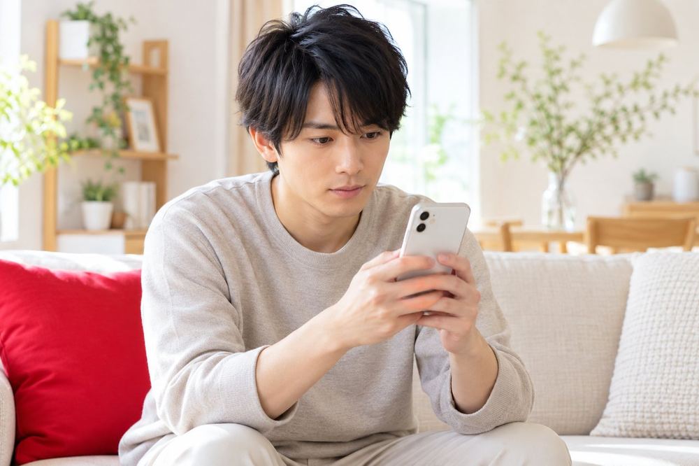 ソファに座って、スマホの購入確認の画面をじっくり読んでいる20代の男性
