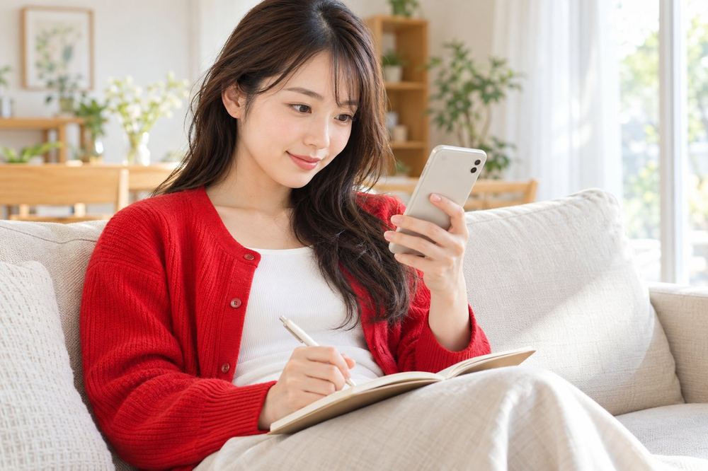 20代の女性が自宅のソファに座り、スマホで公式のイベント案内の画面を読みながら、手帳に要点を書き留めている