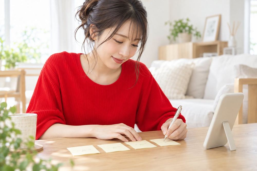20代の女性が部屋の机で、4枚の付箋にそれぞれ違うテーマを書き込み、スマホの横に並べている