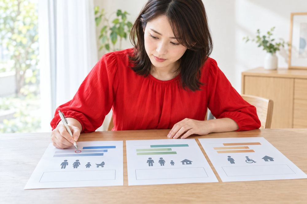 30代の女性がテーブルに3枚の案内メモを並べ、期間と対象の違いを見比べながらペンで印をつけている