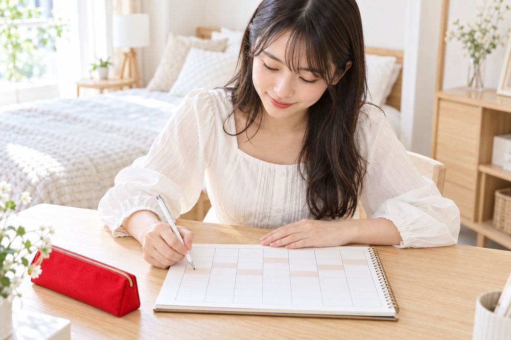 20代の女性が自分の部屋のデスクで、1週間のカレンダーに配信できる時間帯を書き込んでいる