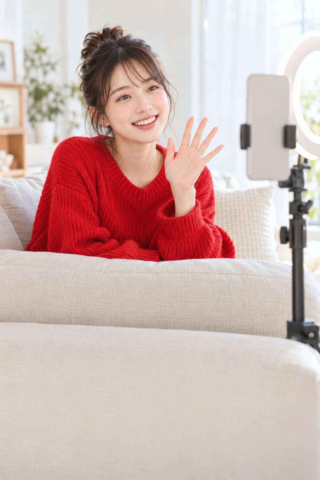 スマホに向かって笑顔でライブ配信をしている女性